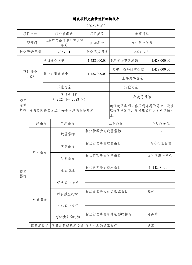 宝山烈士陵园单位2023年项目绩效目标申报表.pdf