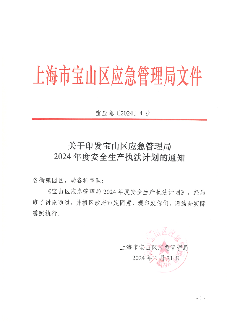 关于印发宝山区应急管理局2024年度安全生产执法计划的通知（宝应急2024年4号文）.pdf