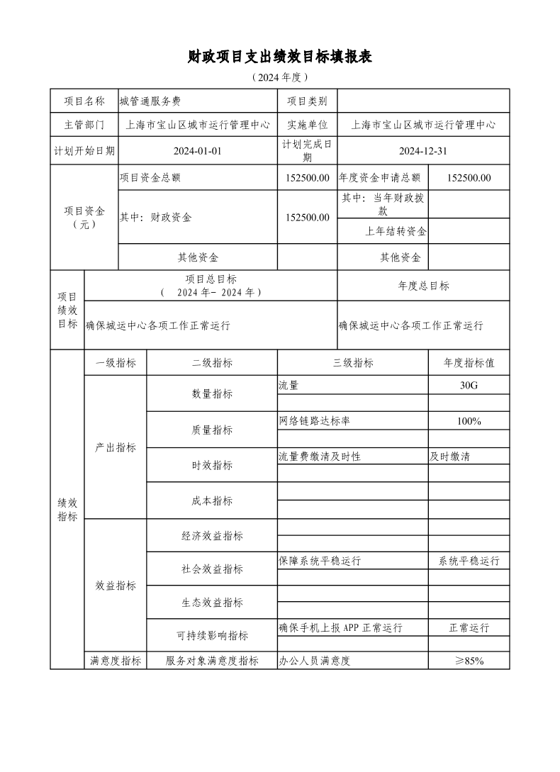 上海市宝山区城市运行管理中心2024年项目绩效目标申报表.pdf