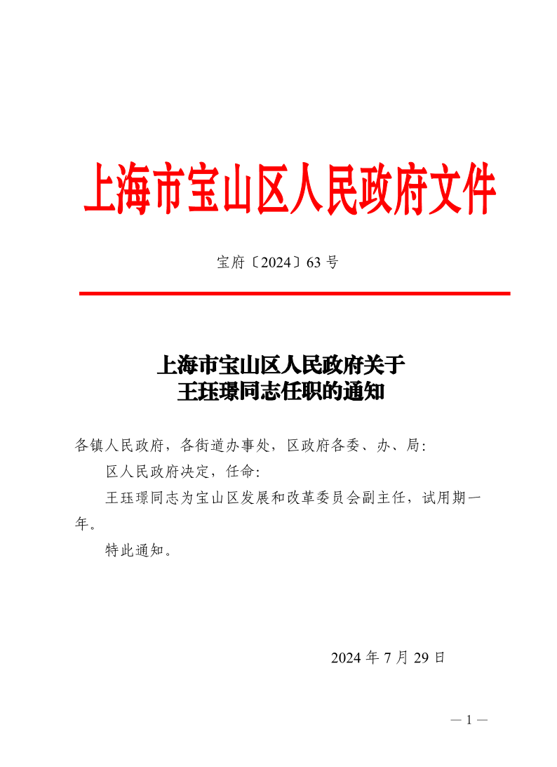 63号—上海市宝山区人民政府关于王珏璟同志任职的通知.pdf