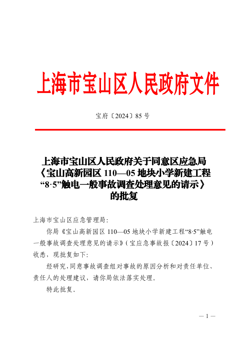 85号—上海市宝山区人民政府关于同意区应急局《宝山高新园区110—05地块小学新建工程“8·5”触电一般事故调查处理意见的请示》的批复.pdf