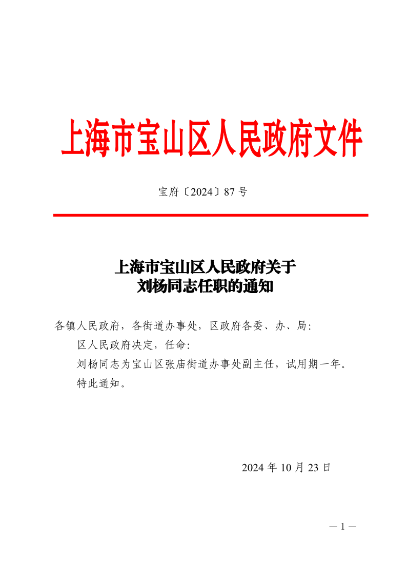 87号—上海市宝山区人民政府关于刘杨同志任职的通知.pdf