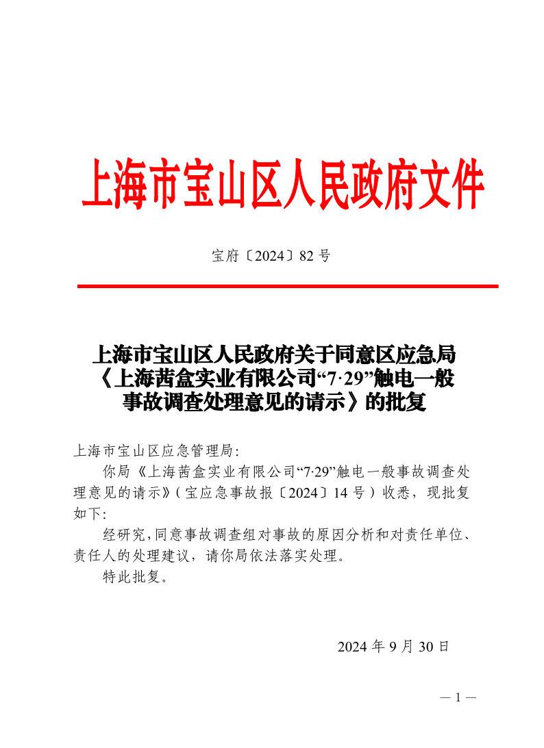 82号—上海市宝山区人民政府关于同意区应急局《上海茜盒实业有限公司“7·29”触电一般事故调查处理意见的请示》的批复.pdf